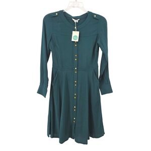 Boden Ashbourne Green Long Sleeve‎ Gold Button Dress Midi Viscose Career